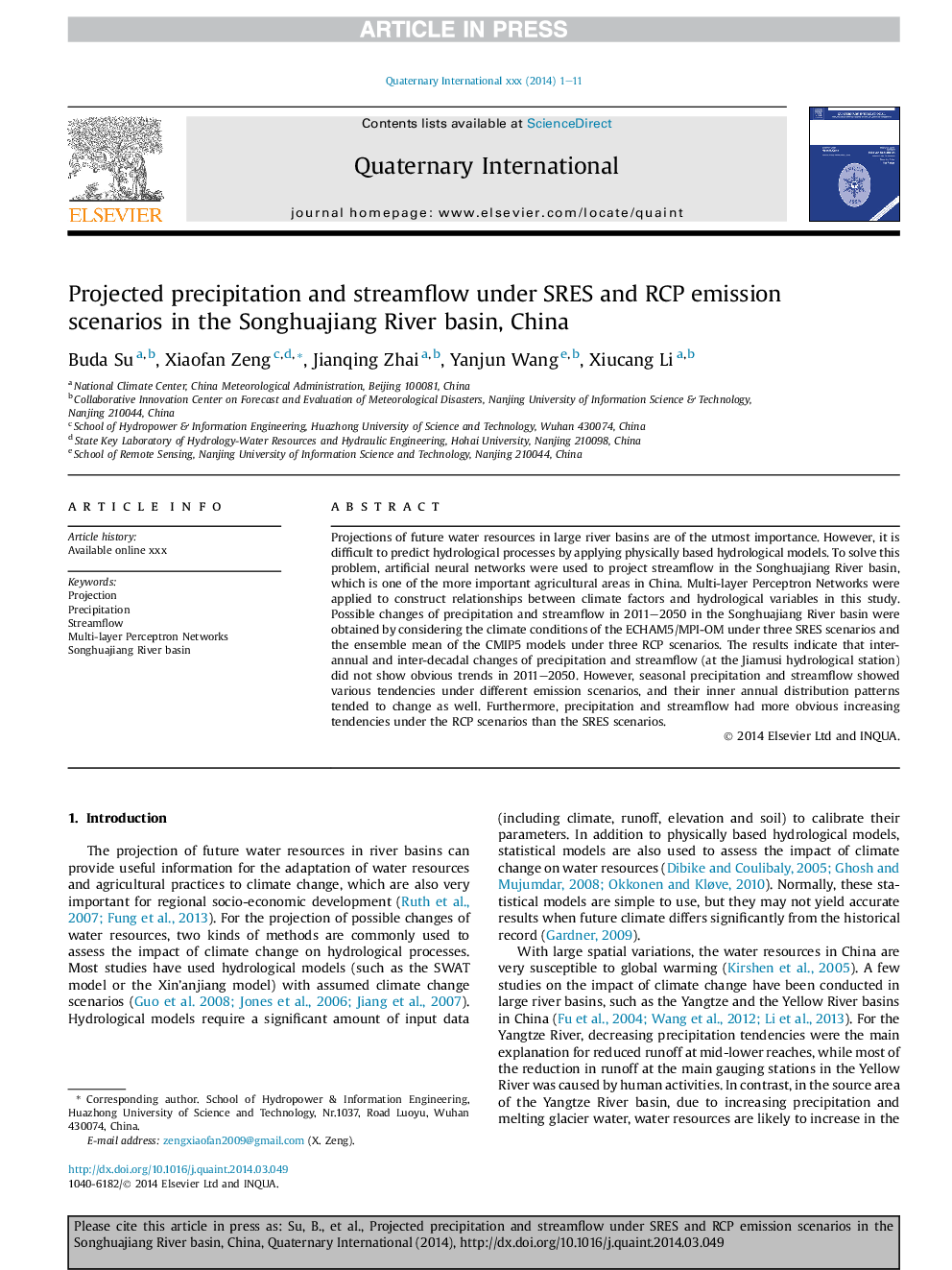 Projected precipitation and streamflow under SRES and RCP emission scenarios in the Songhuajiang River basin, China