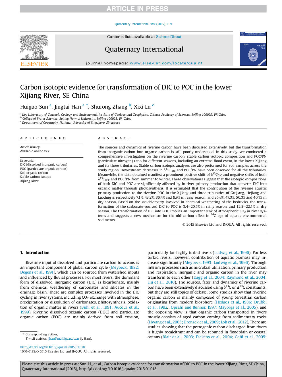 Carbon isotopic evidence for transformation of DIC to POC in the lower Xijiang River, SE China