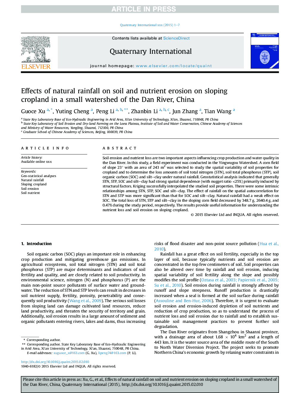 Effects of natural rainfall on soil and nutrient erosion on sloping cropland in a small watershed of the Dan River, China