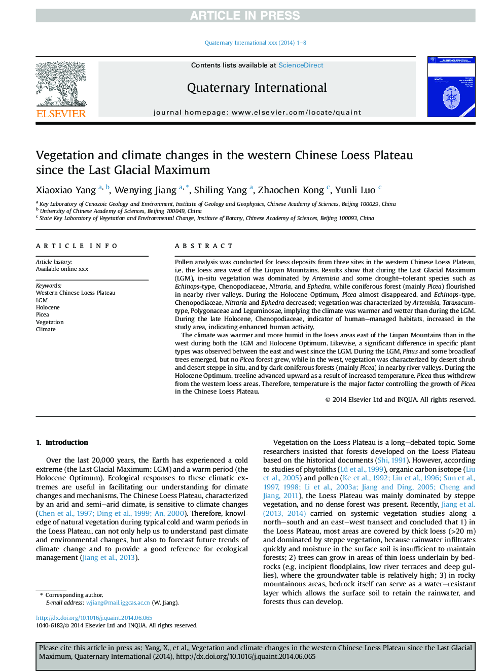 Vegetation and climate changes in the western Chinese Loess Plateau since the Last Glacial Maximum