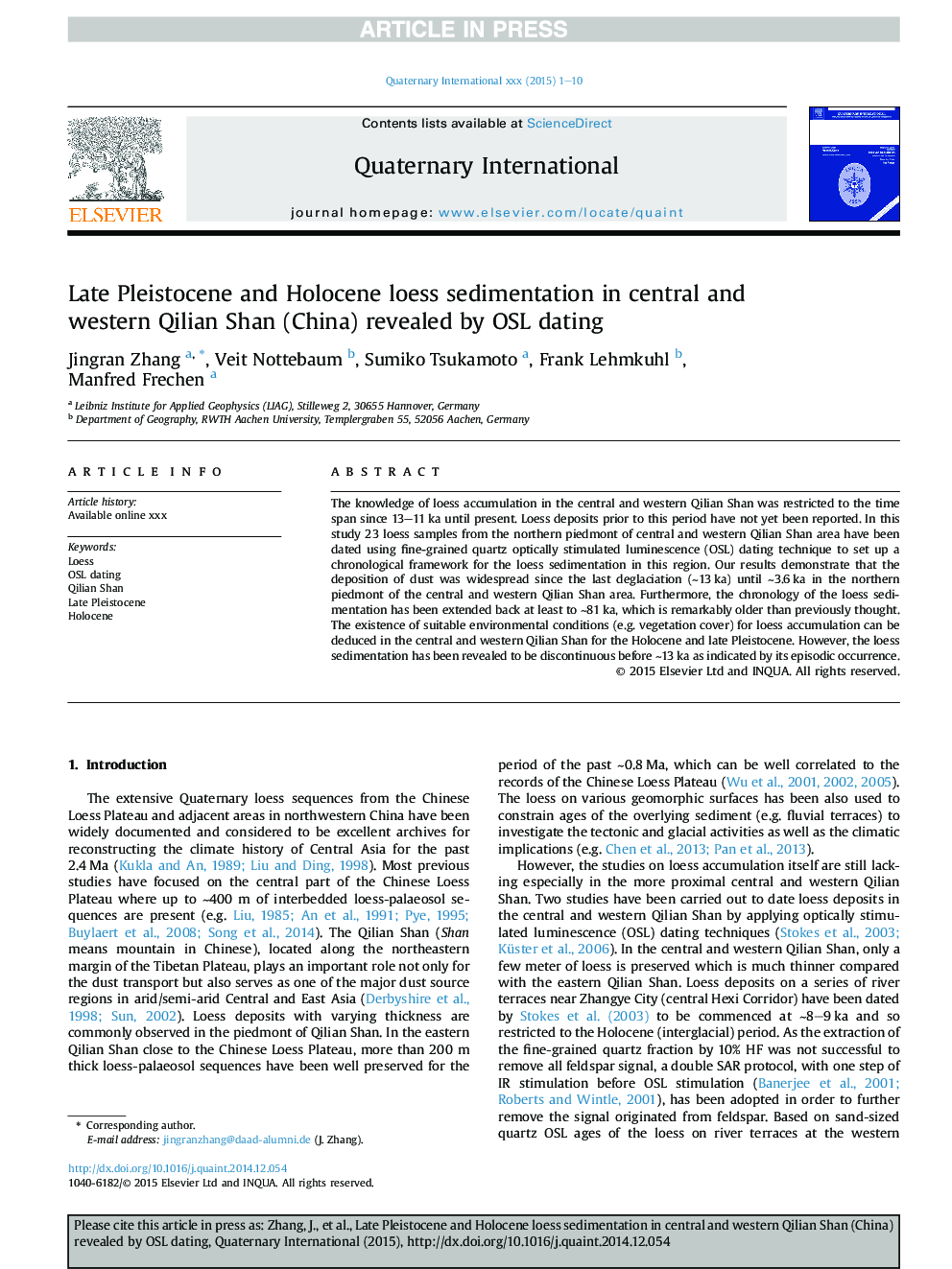 Late Pleistocene and Holocene loess sedimentation in central and western Qilian Shan (China) revealed by OSL dating