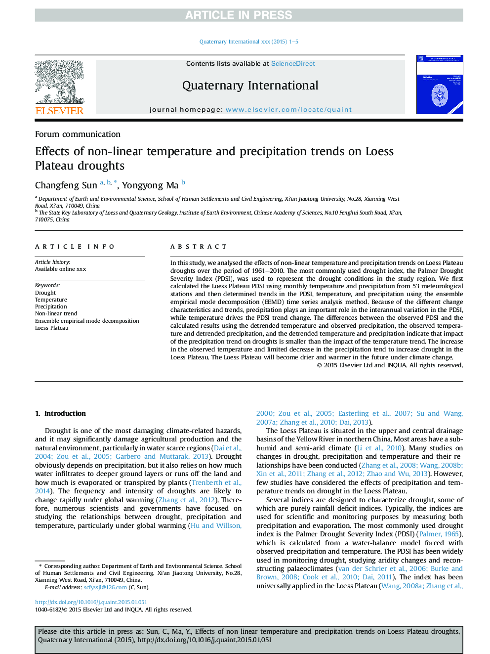 Effects of non-linear temperature and precipitation trends on Loess Plateau droughts