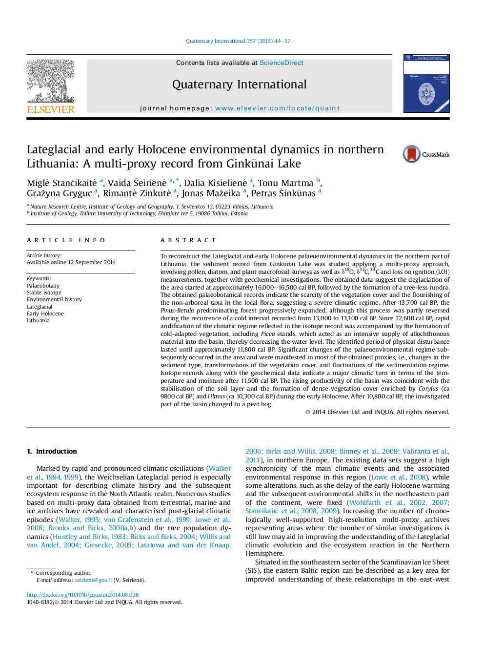 Lateglacial and early Holocene environmental dynamics in northern Lithuania: A multi-proxy record from GinkÅ«nai Lake