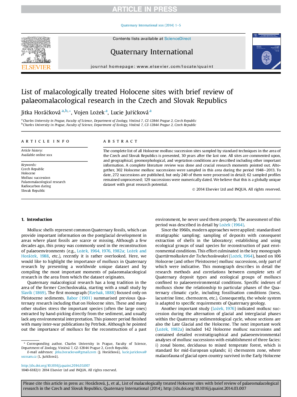 List of malacologically treated Holocene sites with brief review of palaeomalacological research in the Czech and Slovak Republics