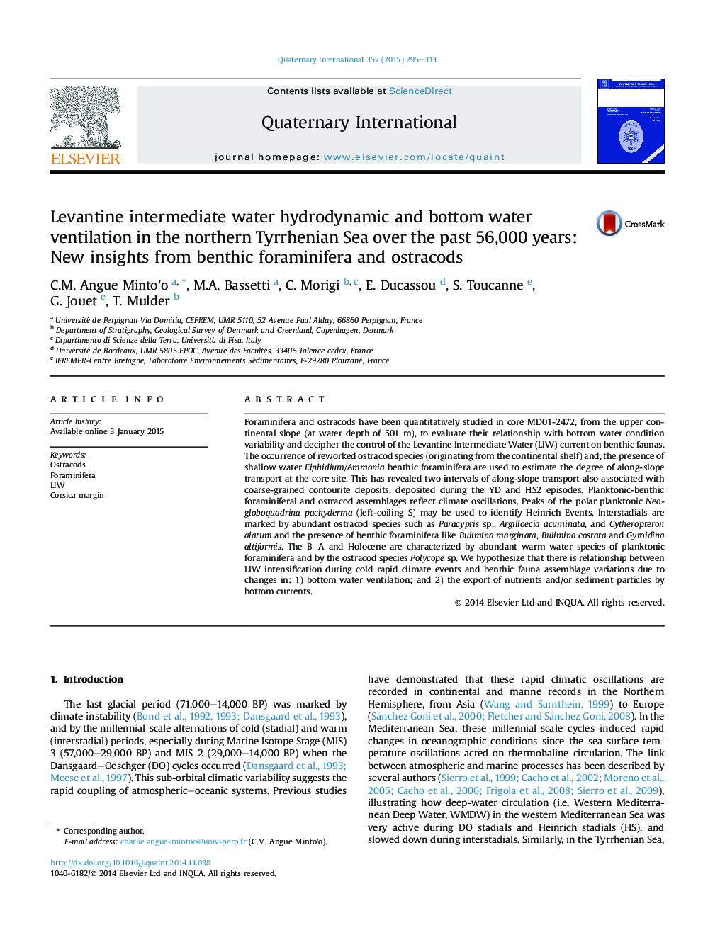 Levantine intermediate water hydrodynamic and bottom water ventilation in the northern Tyrrhenian Sea over the past 56,000 years: New insights from benthic foraminifera and ostracods