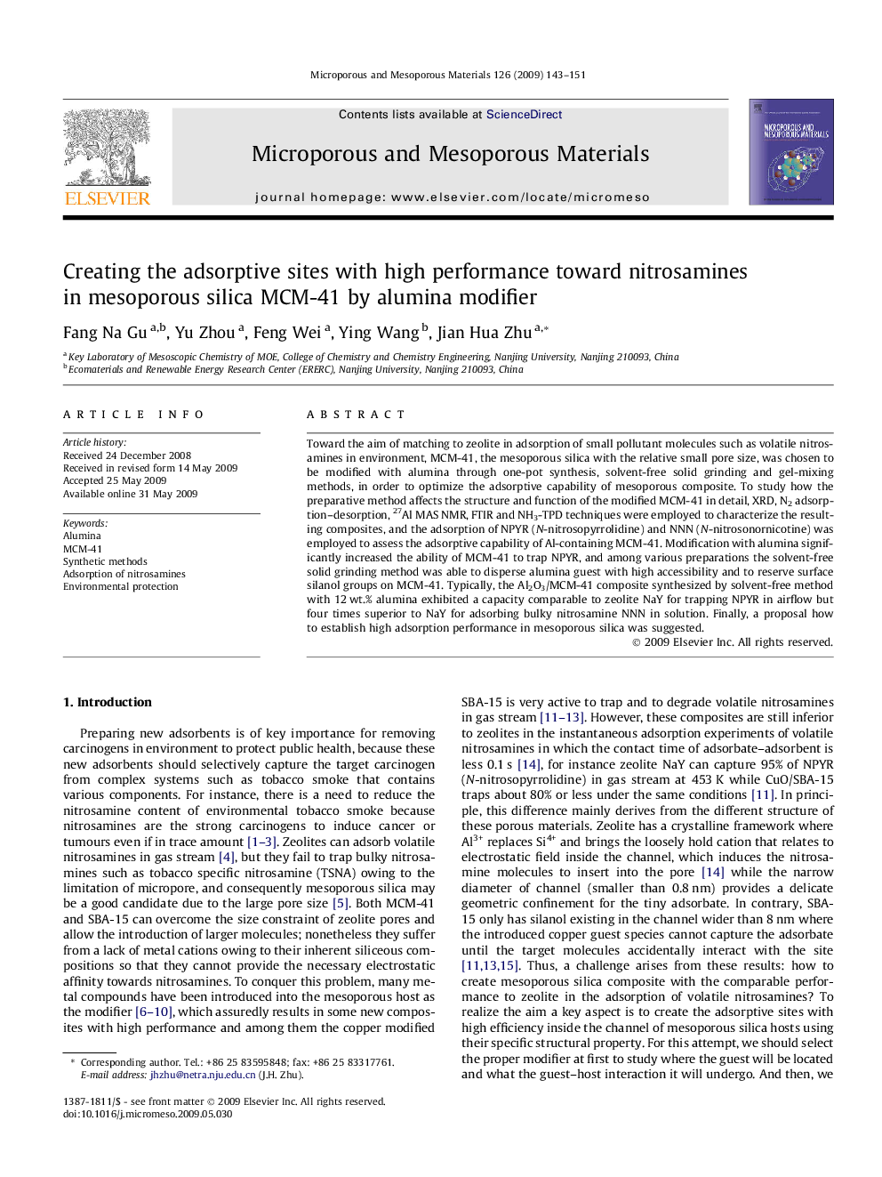 Creating the adsorptive sites with high performance toward nitrosamines in mesoporous silica MCM-41 by alumina modifier