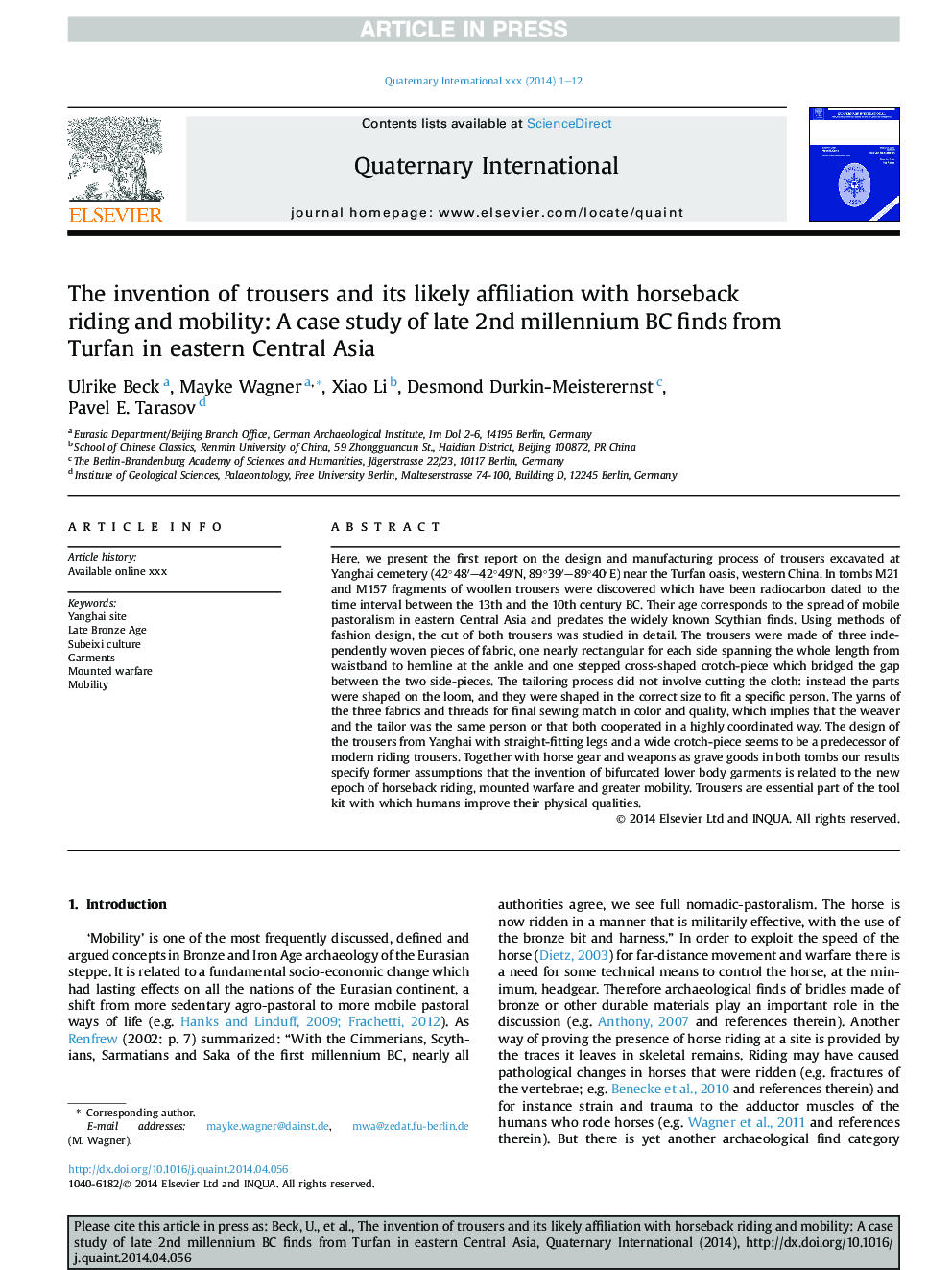 The invention of trousers and its likely affiliation with horseback riding and mobility: A case study of late 2nd millennium BC finds from Turfan in eastern Central Asia