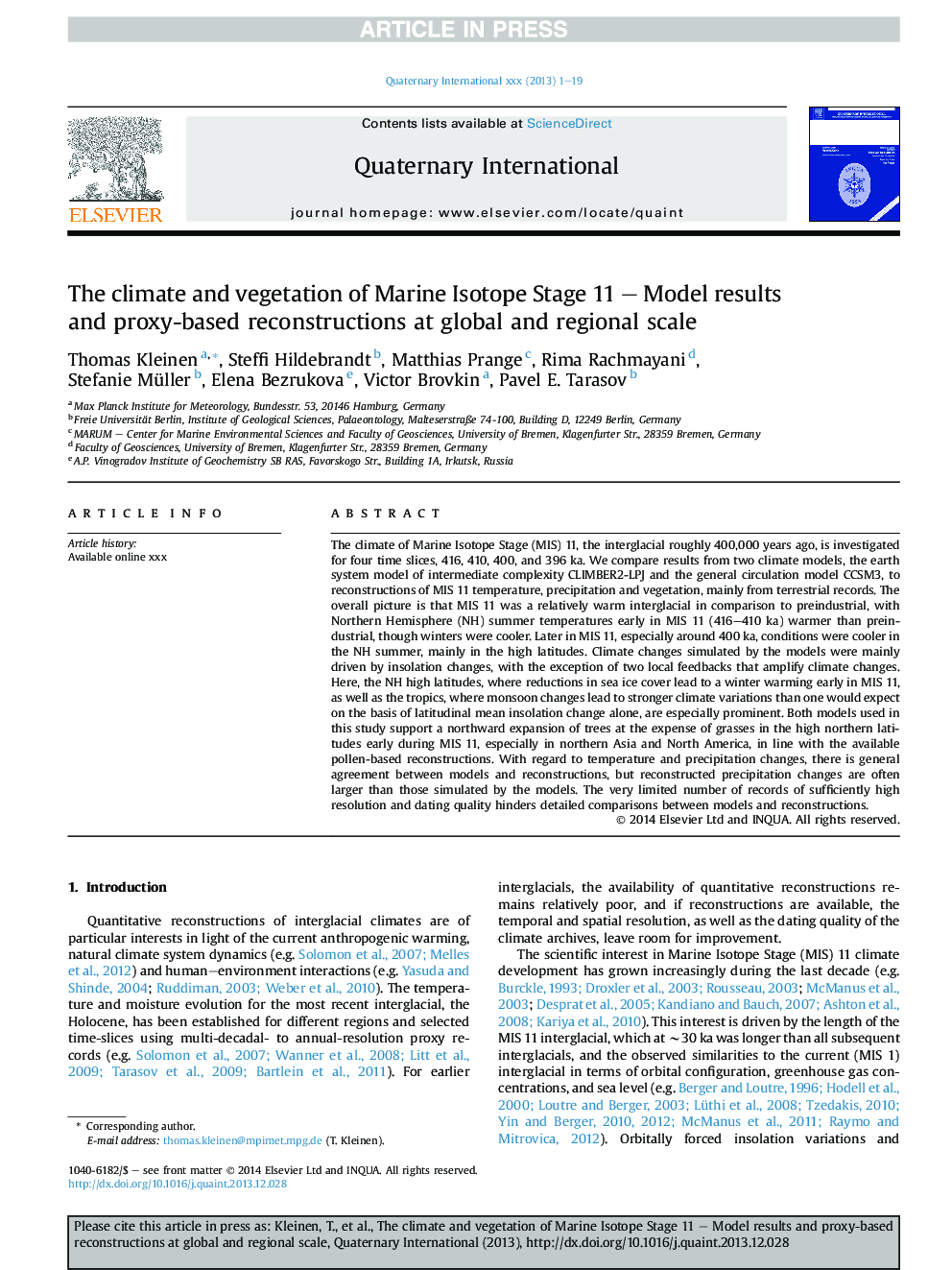 The climate and vegetation of Marine Isotope Stage 11 - Model results and proxy-based reconstructions at global and regional scale