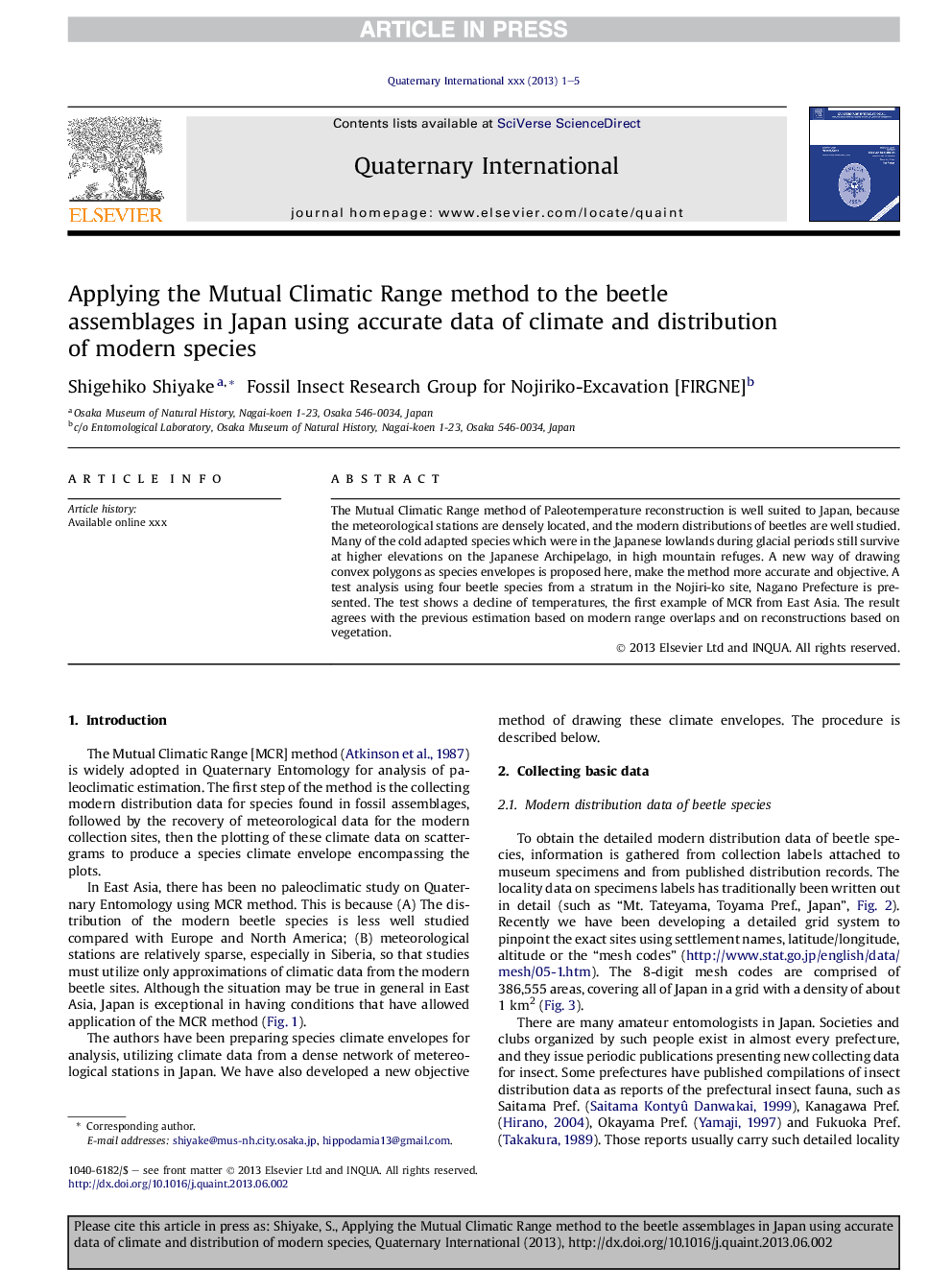 Applying the Mutual Climatic Range method to the beetle assemblages in Japan using accurate data of climate and distribution of modern species