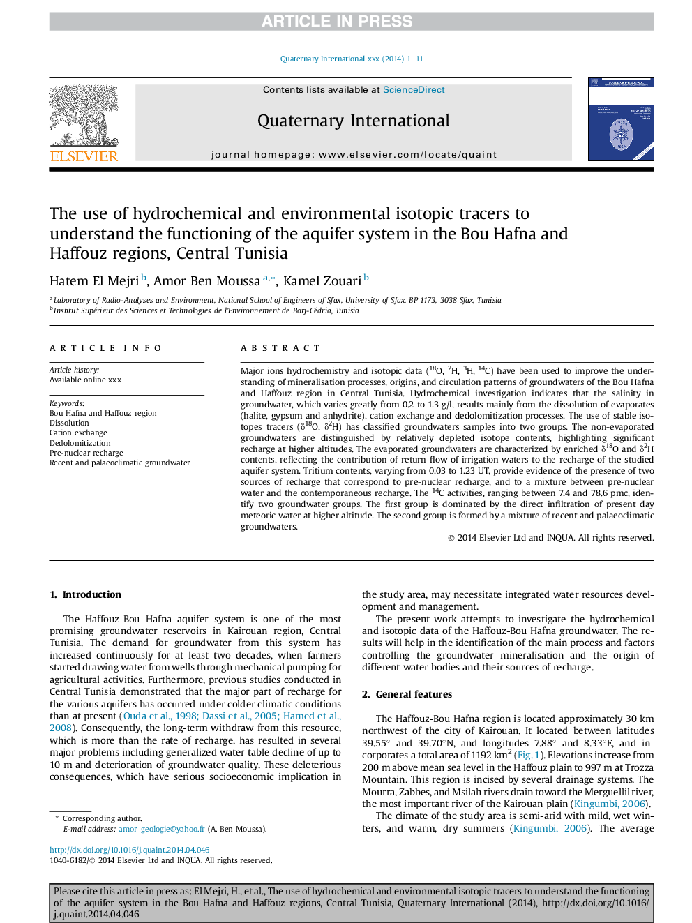 The use of hydrochemical and environmental isotopic tracers to understand the functioning of the aquifer system in the Bou Hafna and Haffouz regions, Central Tunisia