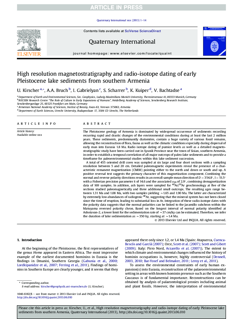 High resolution magnetostratigraphy and radio-isotope dating of early Pleistocene lake sediments from southern Armenia