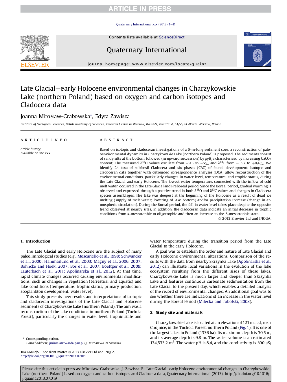 Late Glacial-early Holocene environmental changes in Charzykowskie Lake (northern Poland) based on oxygen and carbon isotopes and Cladocera data