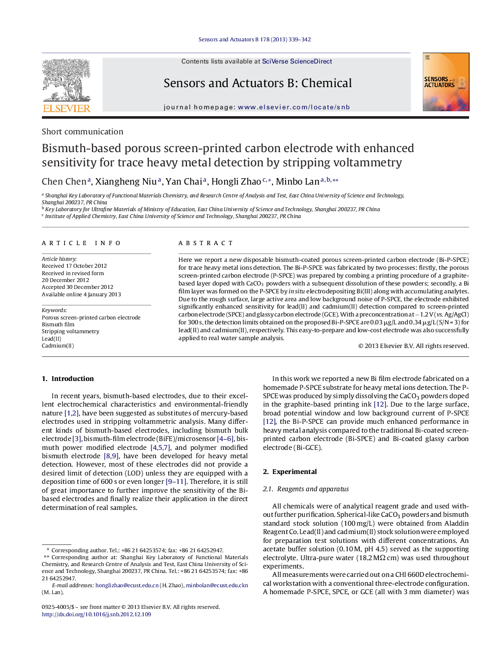 عکس صفحه اول مقاله: Bismuth-based porous screen-printed carbon electrode with enhanced sensitivity for trace heavy metal detection by stripping voltammetry Bismuth-based porous screen-printed carbon electrode with enhanced sensitivity for trace heavy metal detection by stripping voltammetry
