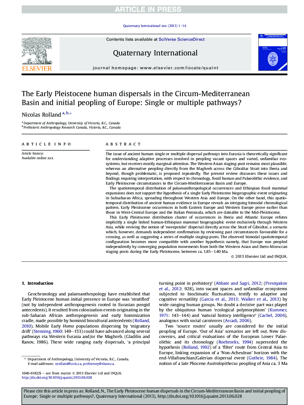 The Early Pleistocene human dispersals in the Circum-Mediterranean Basin and initial peopling of Europe: Single or multiple pathways?