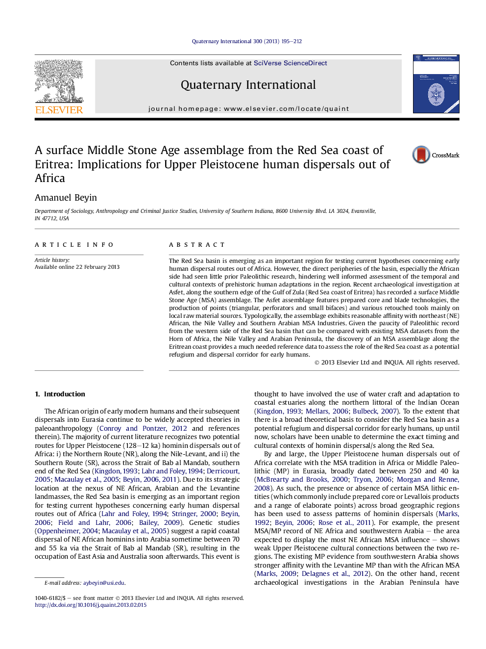 A surface Middle Stone Age assemblage from the Red Sea coast of Eritrea: Implications for Upper Pleistocene human dispersals out of Africa