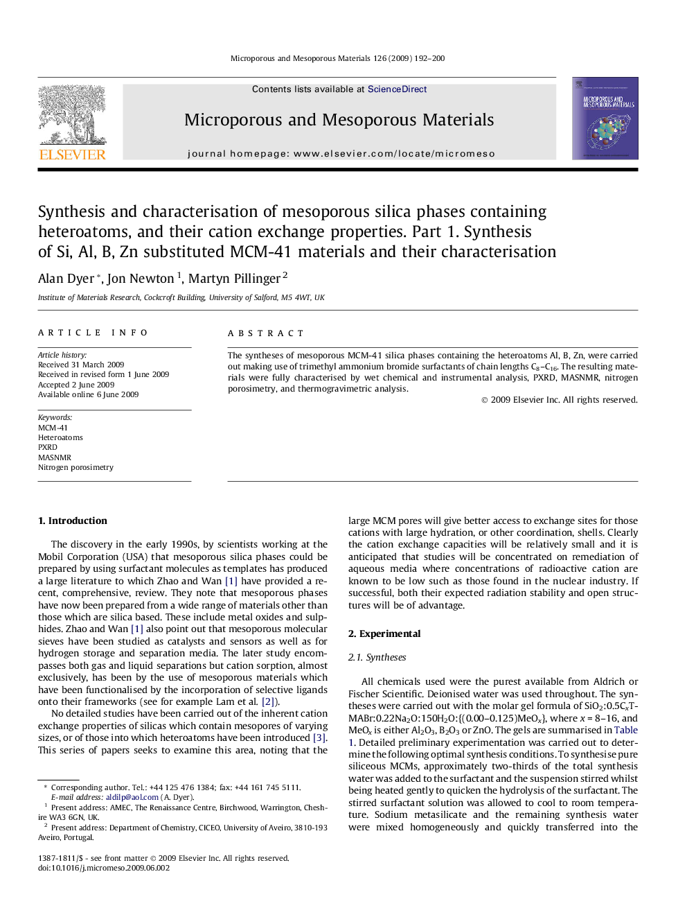 Synthesis and characterisation of mesoporous silica phases containing heteroatoms, and their cation exchange properties. Part 1. Synthesis of Si, Al, B, Zn substituted MCM-41 materials and their characterisation