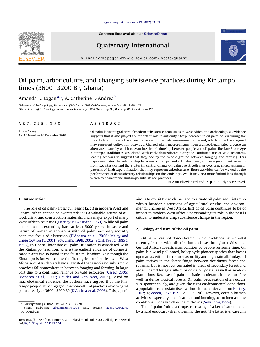 Oil palm, arboriculture, and changing subsistence practices during Kintampo times (3600-3200Â BP, Ghana)