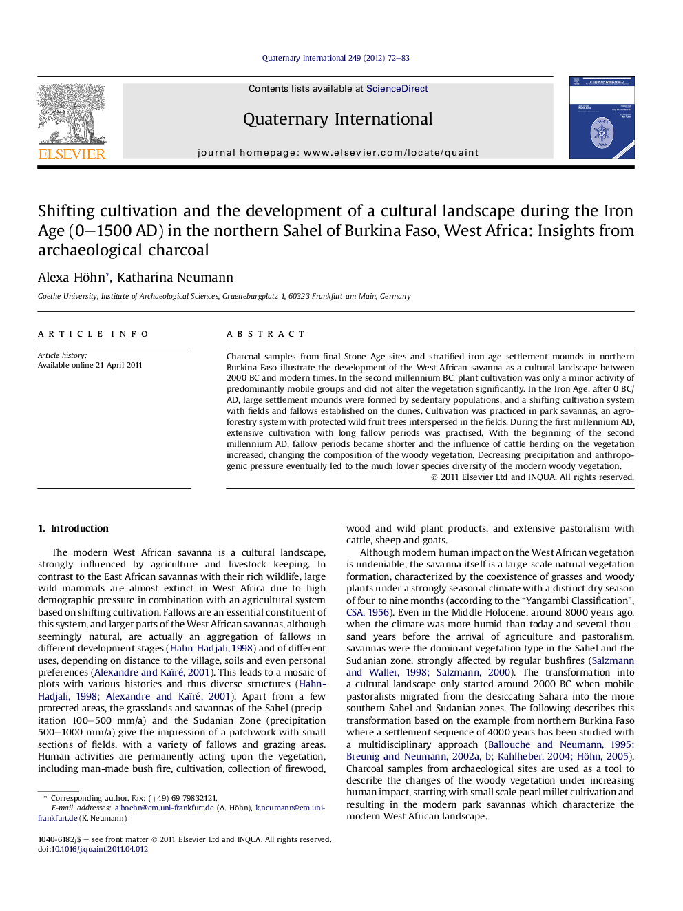 عکس صفحه اول مقاله: Shifting cultivation and the development of a cultural landscape during the Iron Age (0-1500 AD) in the northern Sahel of Burkina Faso, West Africa: Insights from archaeological charcoal Shifting cultivation and the development of a cultural landscape during the Iron Age (0-1500 AD) in the northern Sahel of Burkina Faso, West Africa: Insights from archaeological charcoal