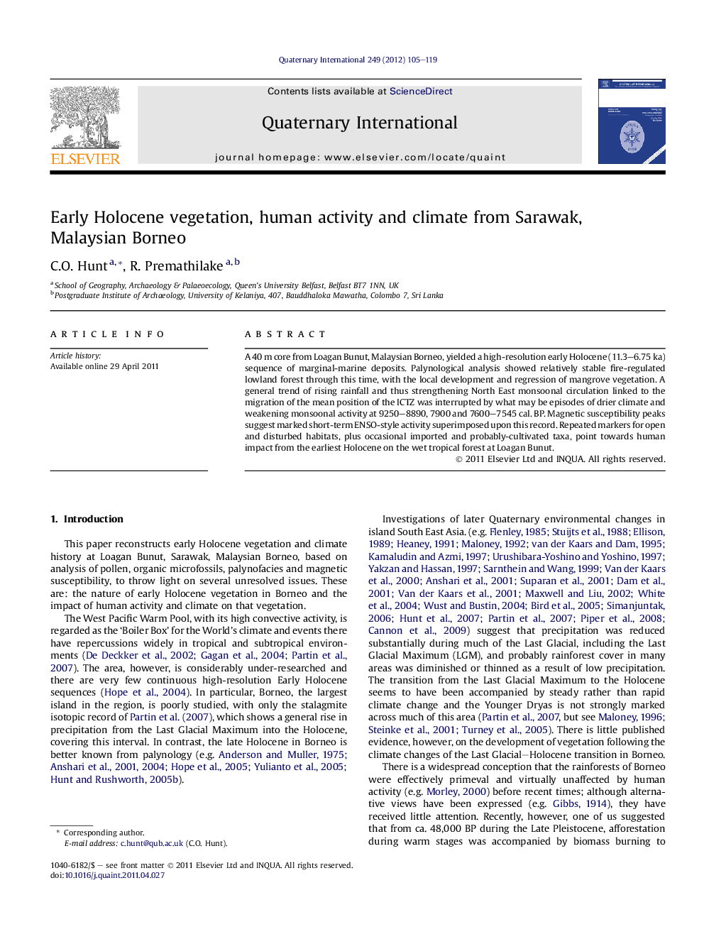 Early Holocene vegetation, human activity and climate from Sarawak, Malaysian Borneo