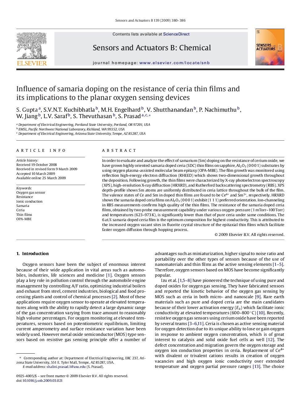 Influence of samaria doping on the resistance of ceria thin films and its implications to the planar oxygen sensing devices