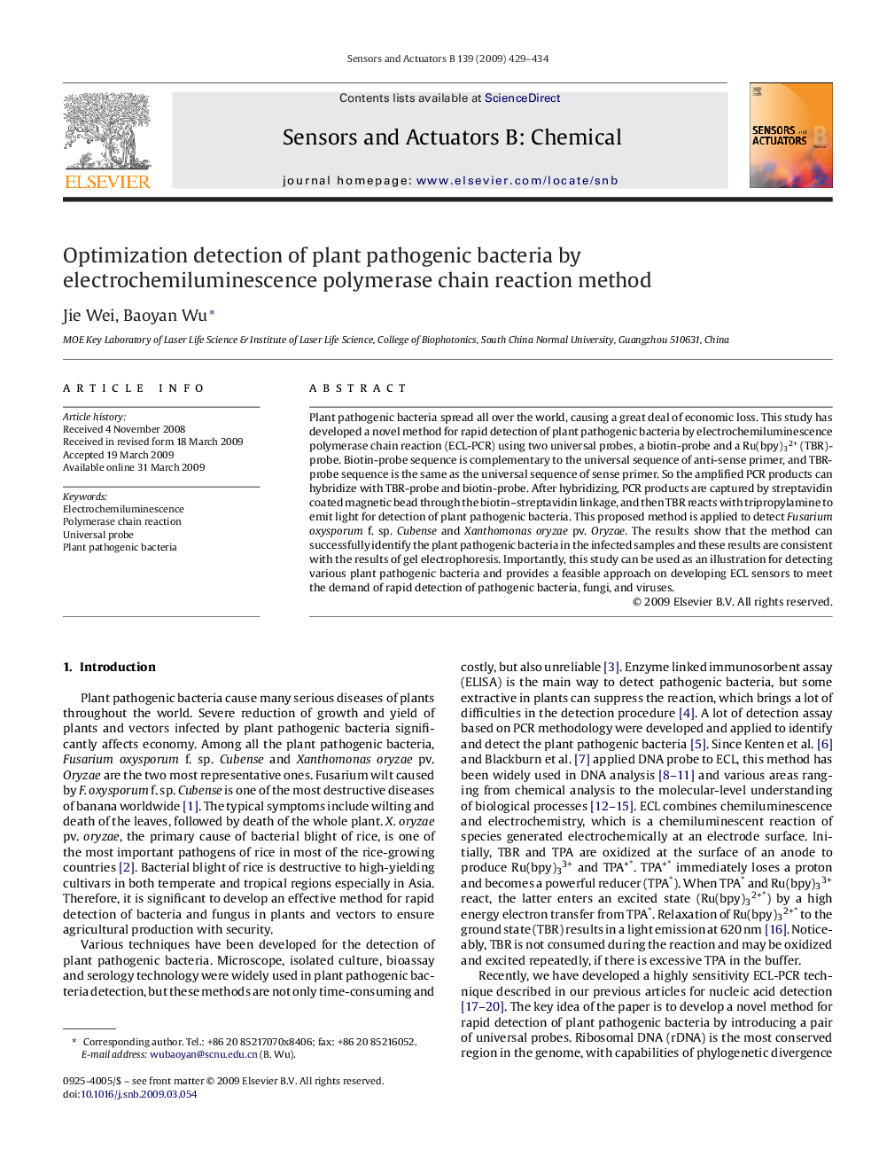 Optimization detection of plant pathogenic bacteria by electrochemiluminescence polymerase chain reaction method