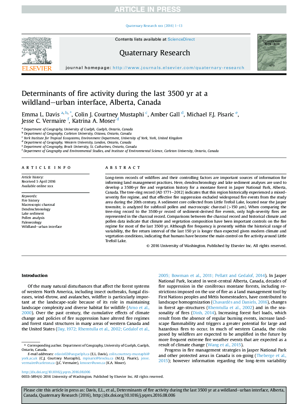 Determinants of fire activity during the last 3500Â yrÂ at a wildland-urban interface, Alberta, Canada