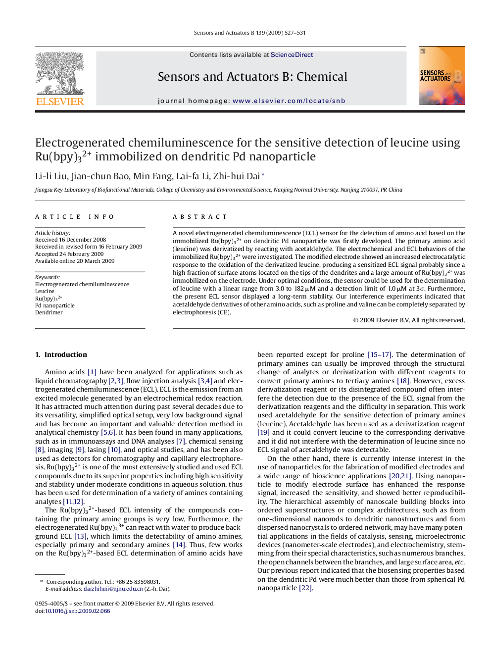 Electrogenerated chemiluminescence for the sensitive detection of leucine using Ru(bpy)32+ immobilized on dendritic Pd nanoparticle