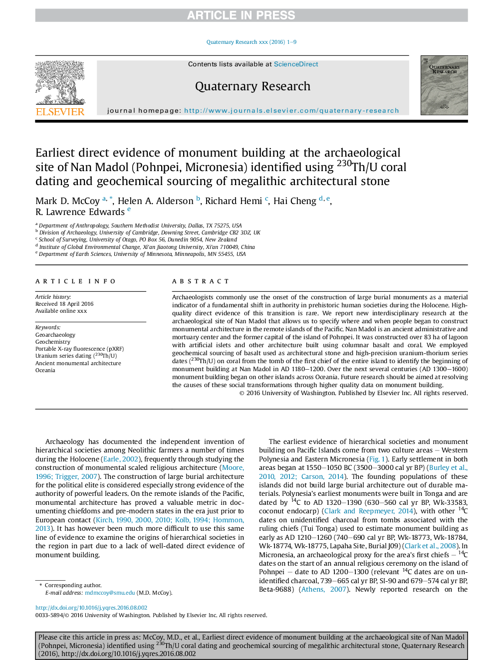 Earliest direct evidence of monument building at the archaeological site of Nan Madol (Pohnpei, Micronesia) identified using 230Th/U coral dating and geochemical sourcing of megalithic architectural stone