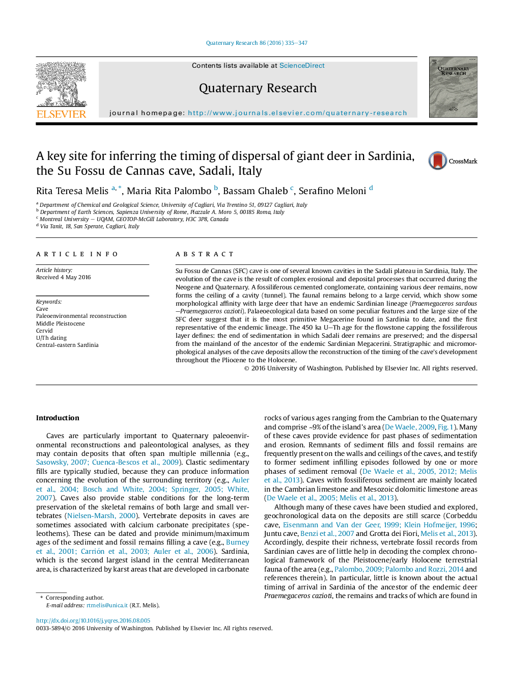 A key site for inferring the timing of dispersal of giant deer in Sardinia, the Su Fossu de Cannas cave, Sadali, Italy