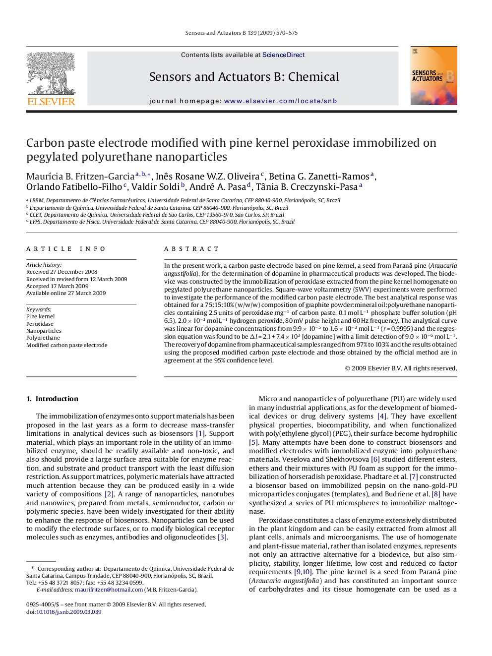 Carbon paste electrode modified with pine kernel peroxidase immobilized on pegylated polyurethane nanoparticles