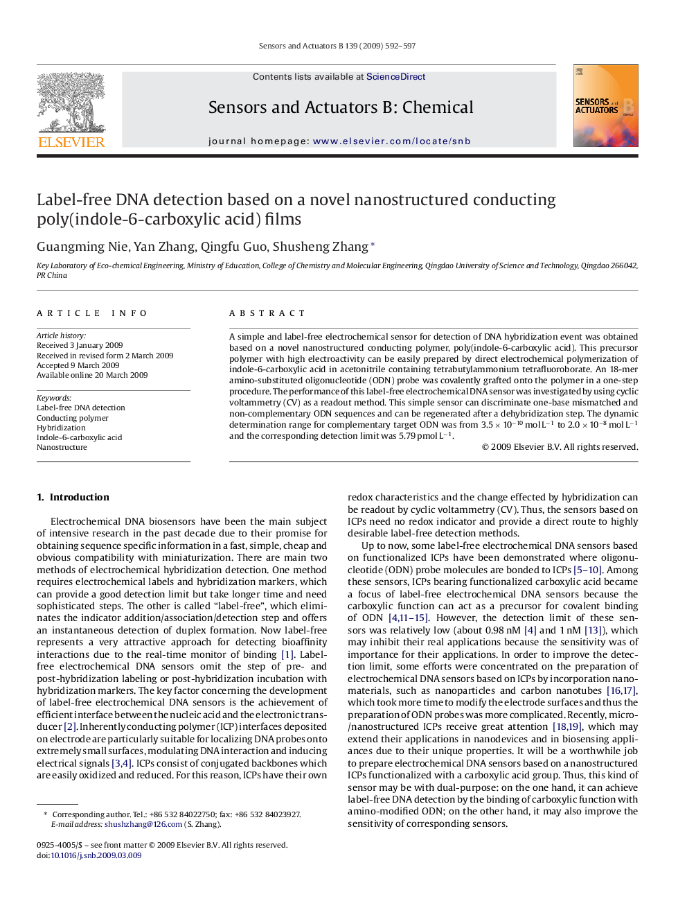 Label-free DNA detection based on a novel nanostructured conducting poly(indole-6-carboxylic acid) films