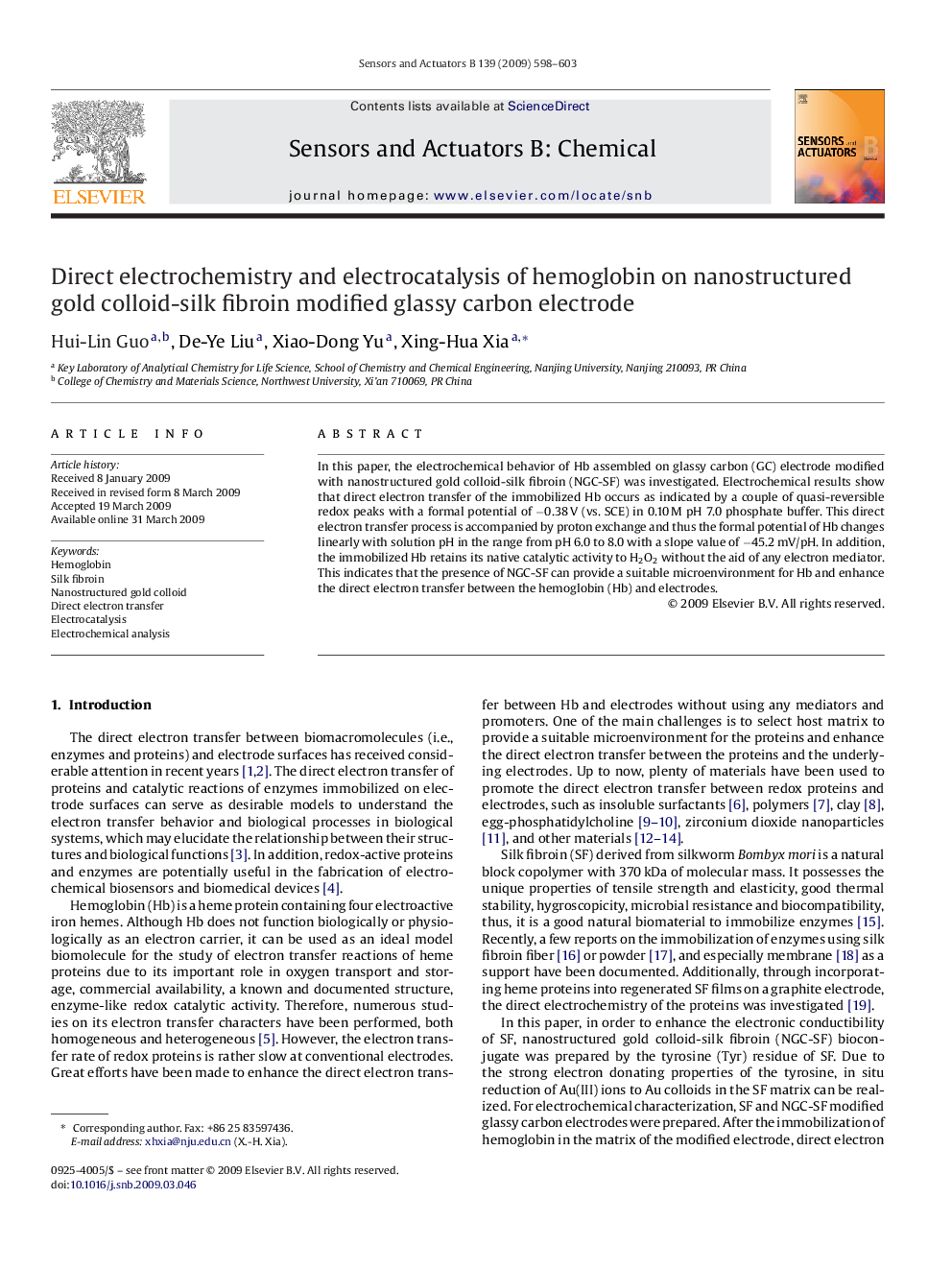 Direct electrochemistry and electrocatalysis of hemoglobin on nanostructured gold colloid-silk fibroin modified glassy carbon electrode