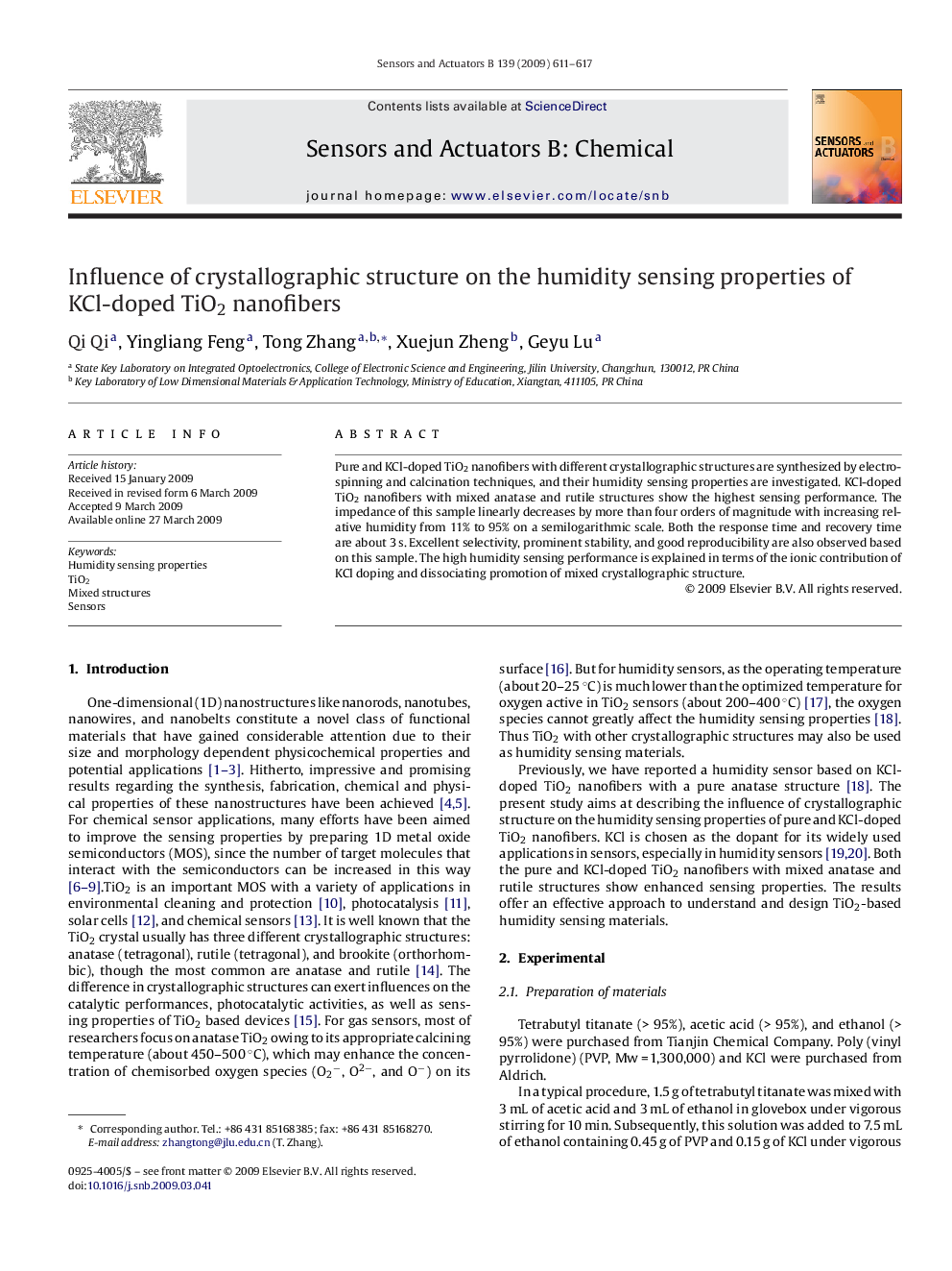 Influence of crystallographic structure on the humidity sensing properties of KCl-doped TiO2 nanofibers