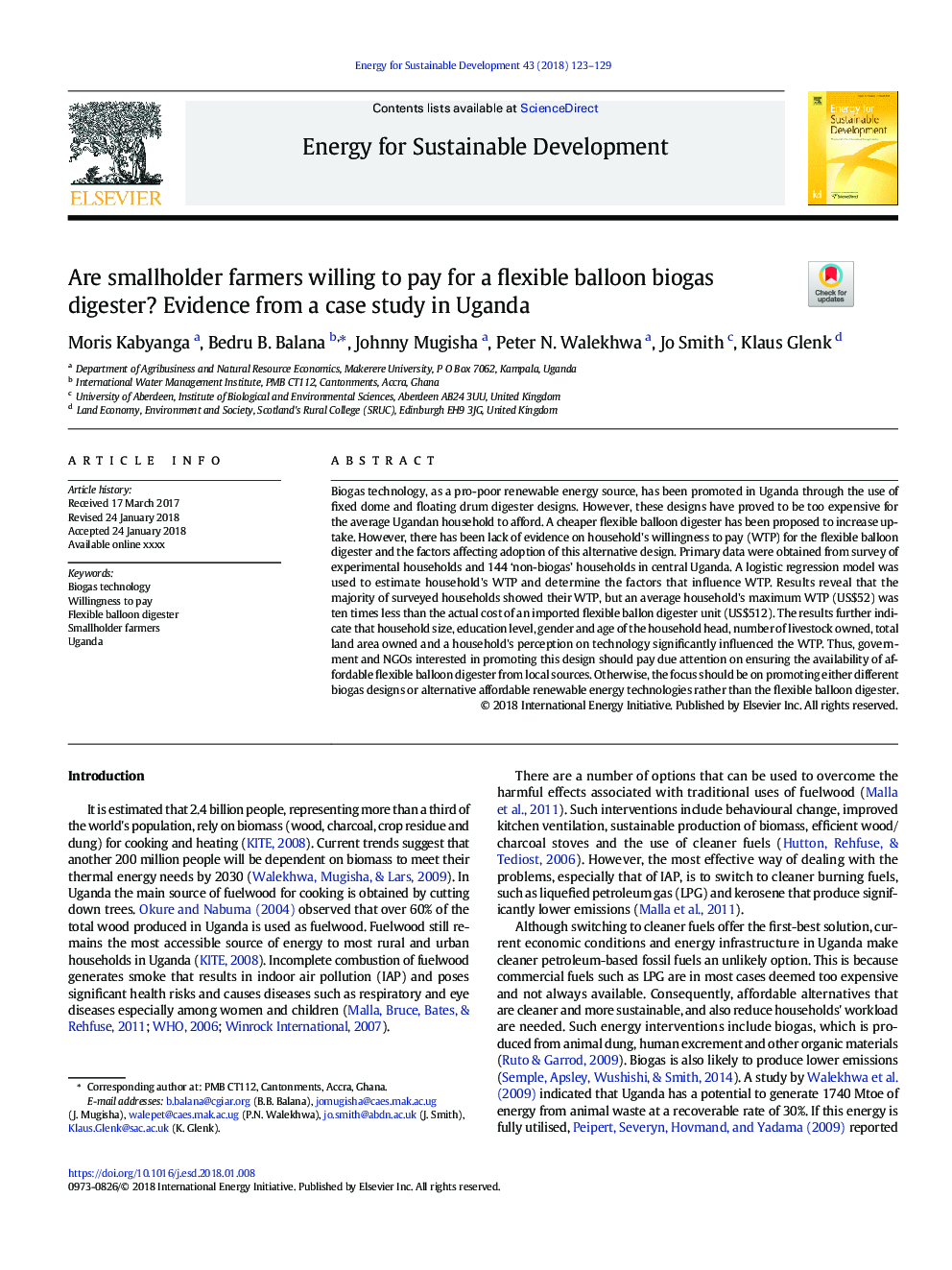 Are smallholder farmers willing to pay for a flexible balloon biogas digester? Evidence from a case study in Uganda