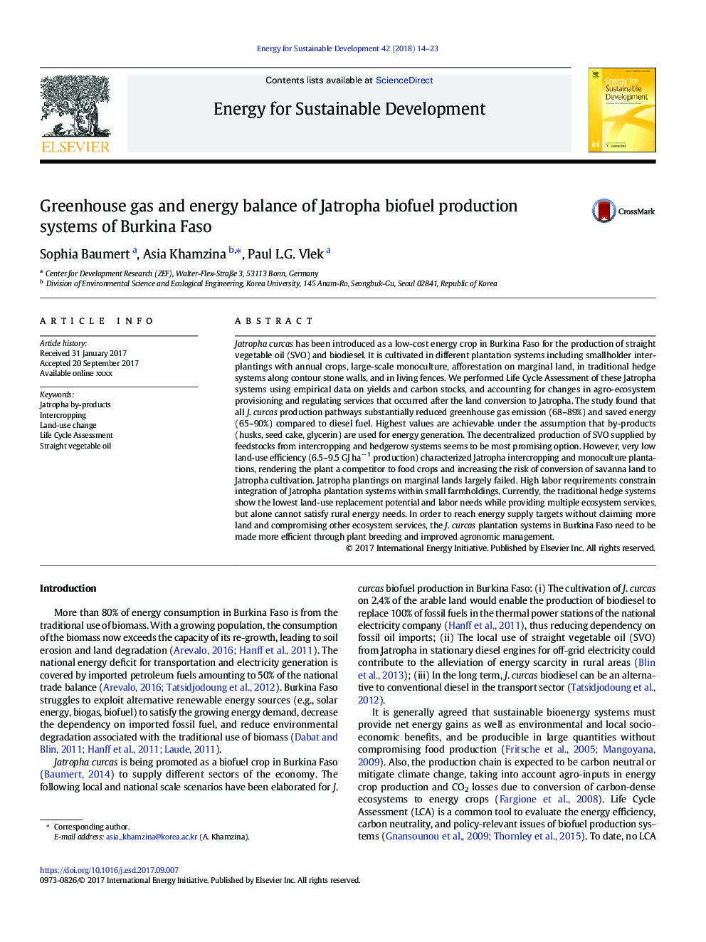 Greenhouse gas and energy balance of Jatropha biofuel production systems of Burkina Faso