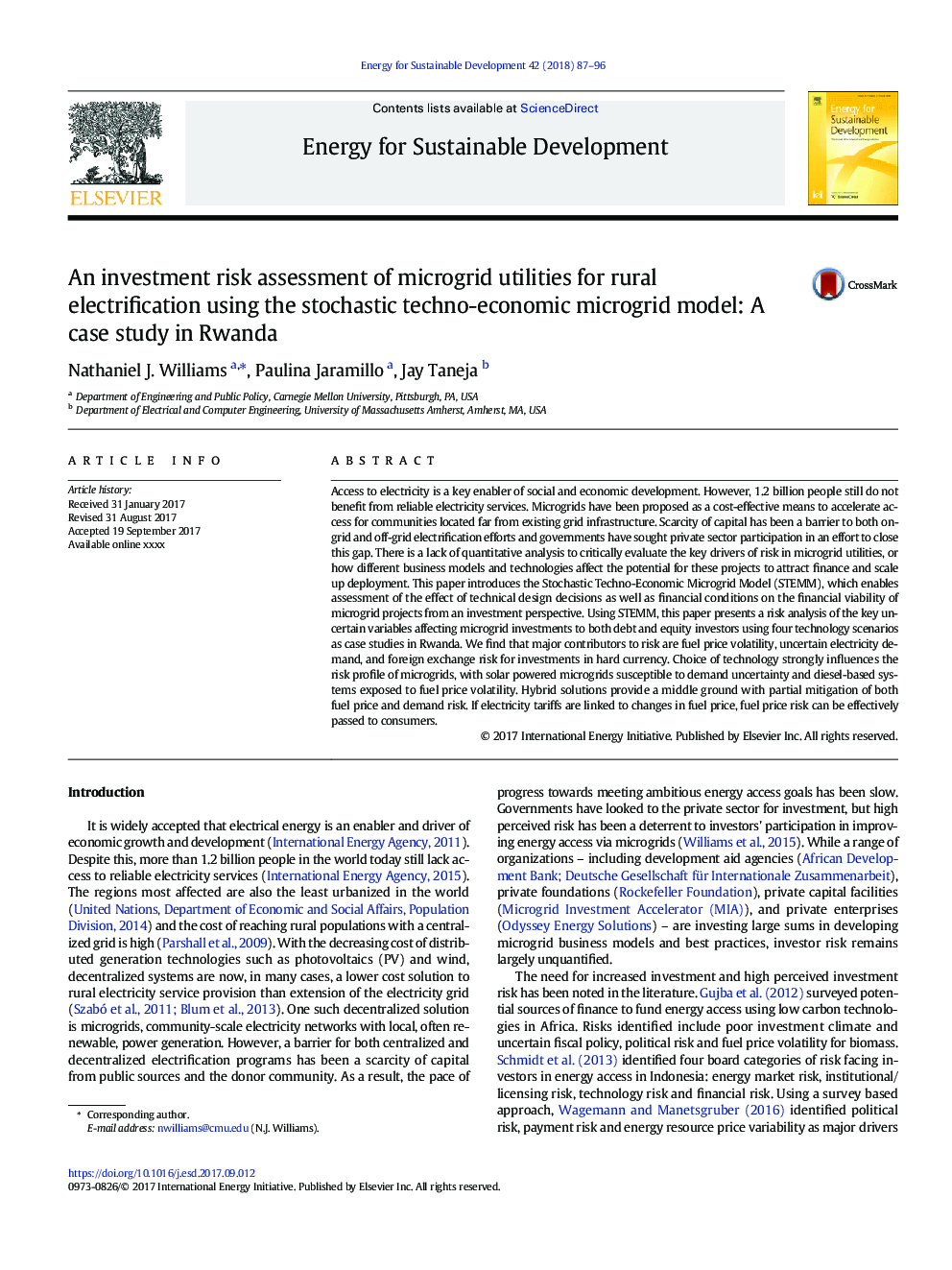 An investment risk assessment of microgrid utilities for rural electrification using the stochastic techno-economic microgrid model: A case study in Rwanda