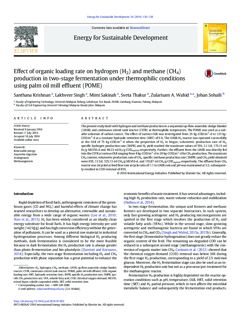 Effect of organic loading rate on hydrogen (H2) and methane (CH4) production in two-stage fermentation under thermophilic conditions using palm oil mill effluent (POME)