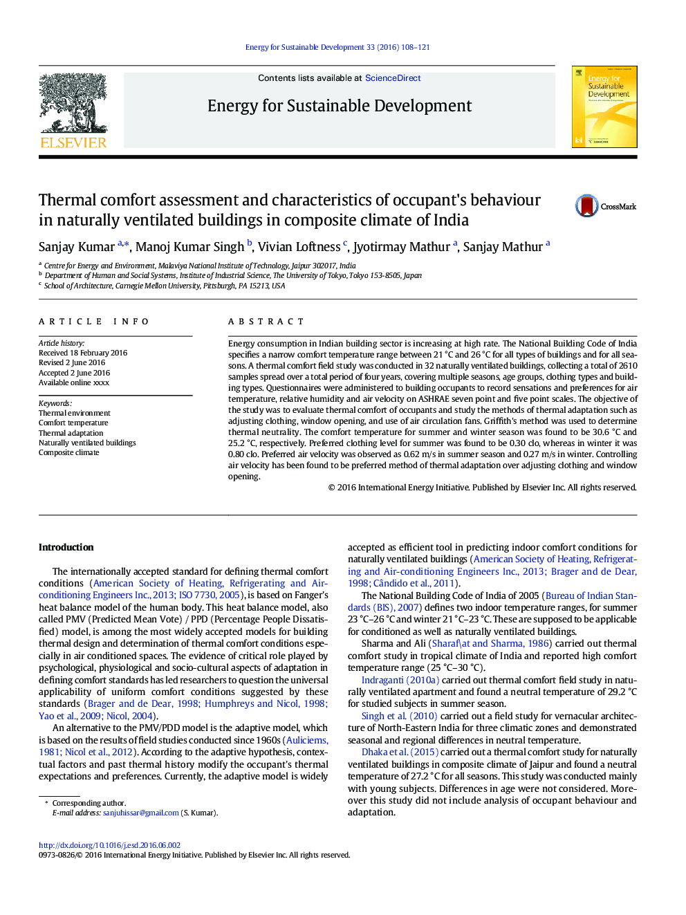 Thermal comfort assessment and characteristics of occupant's behaviour in naturally ventilated buildings in composite climate of India