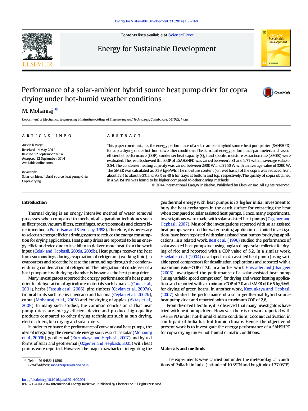 Performance of a solar-ambient hybrid source heat pump drier for copra drying under hot-humid weather conditions