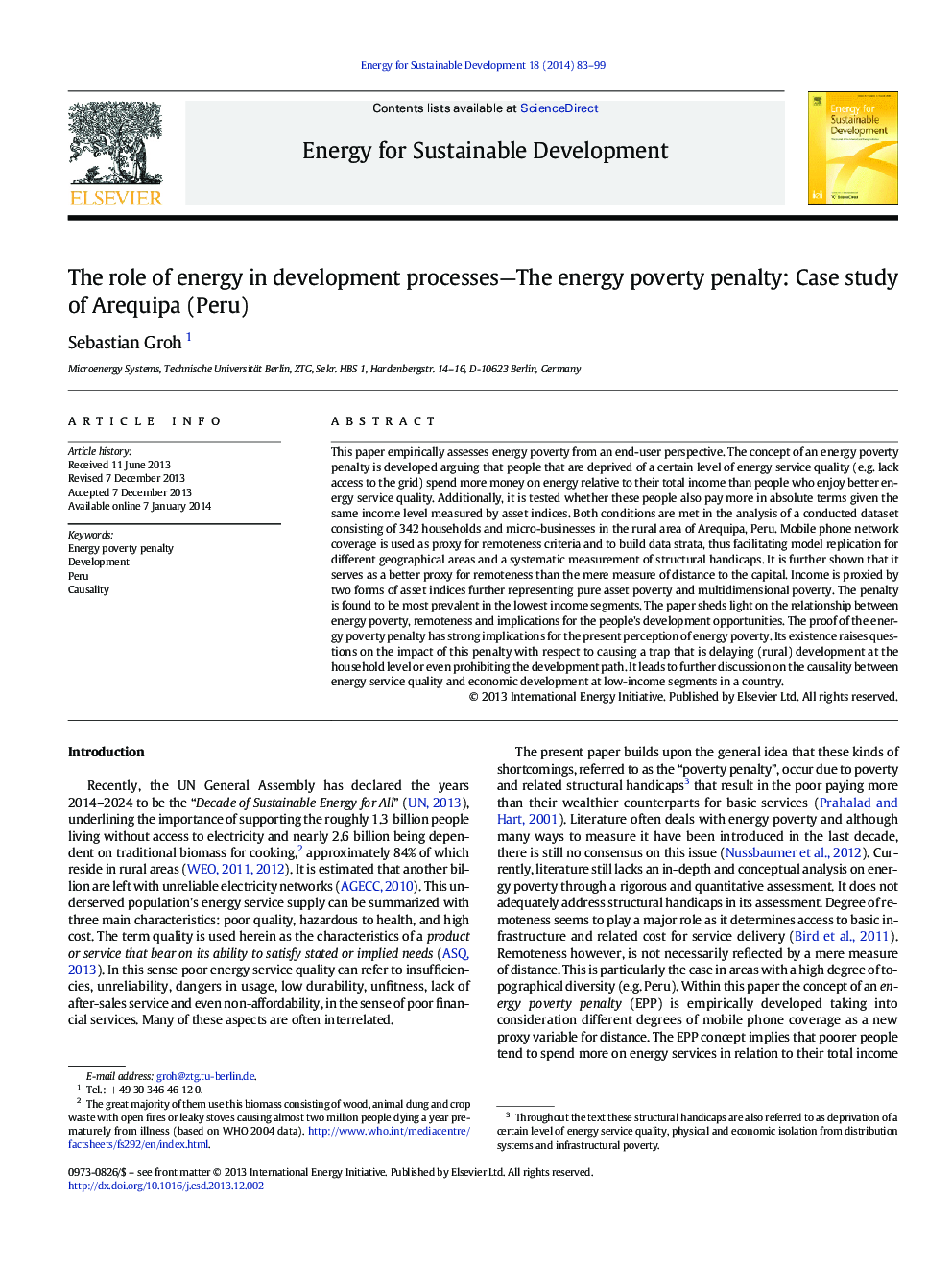 The role of energy in development processes-The energy poverty penalty: Case study of Arequipa (Peru)