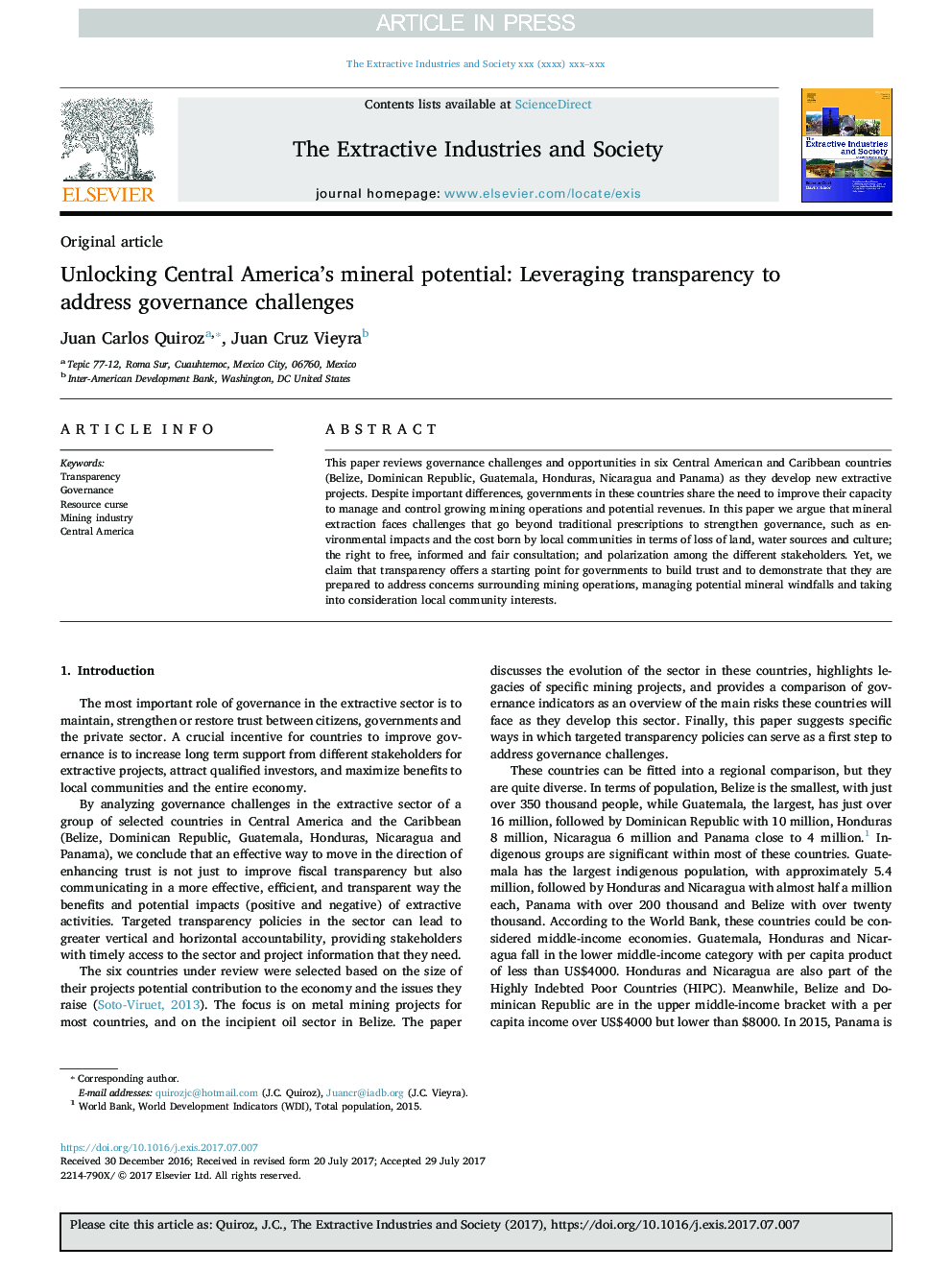 Unlocking Central America's mineral potential: Leveraging transparency to address governance challenges