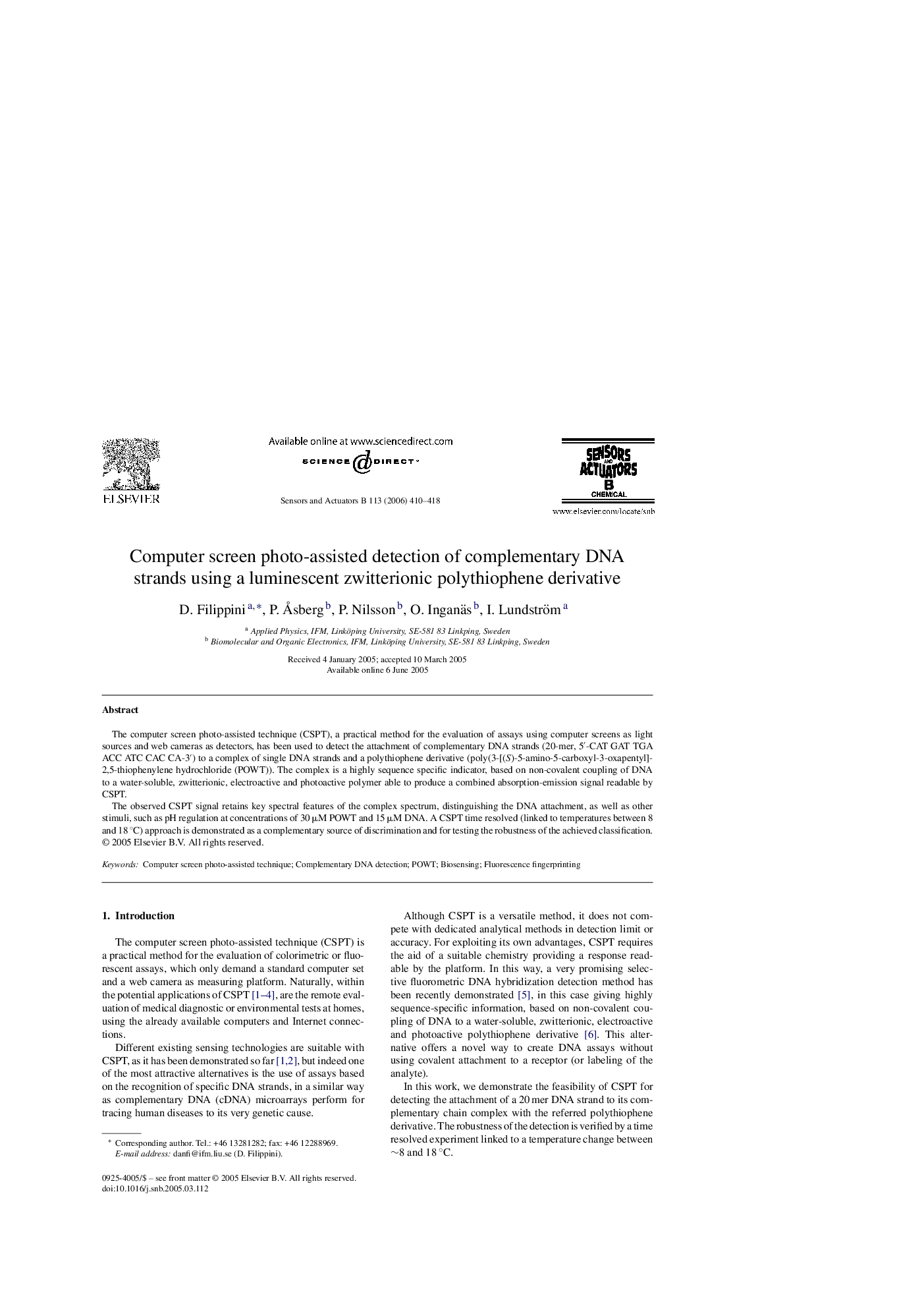 Computer screen photo-assisted detection of complementary DNA strands using a luminescent zwitterionic polythiophene derivative