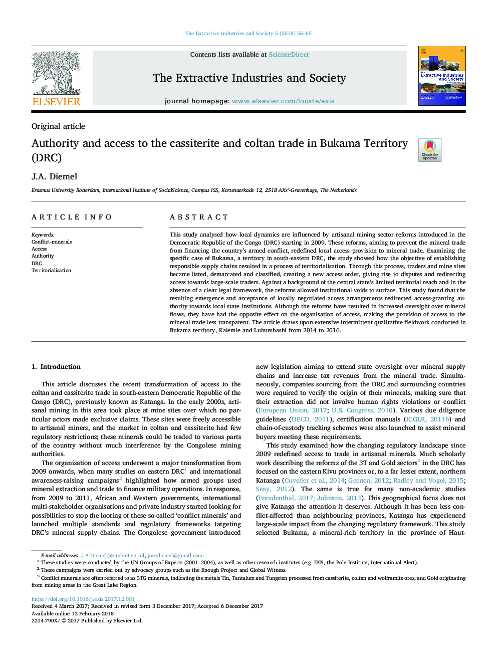 Authority and access to the cassiterite and coltan trade in Bukama Territory (DRC)