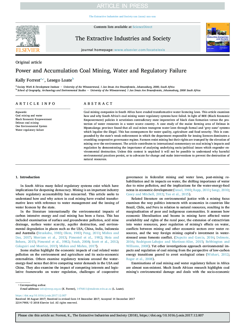 Power and Accumulation Coal Mining, Water and Regulatory Failure