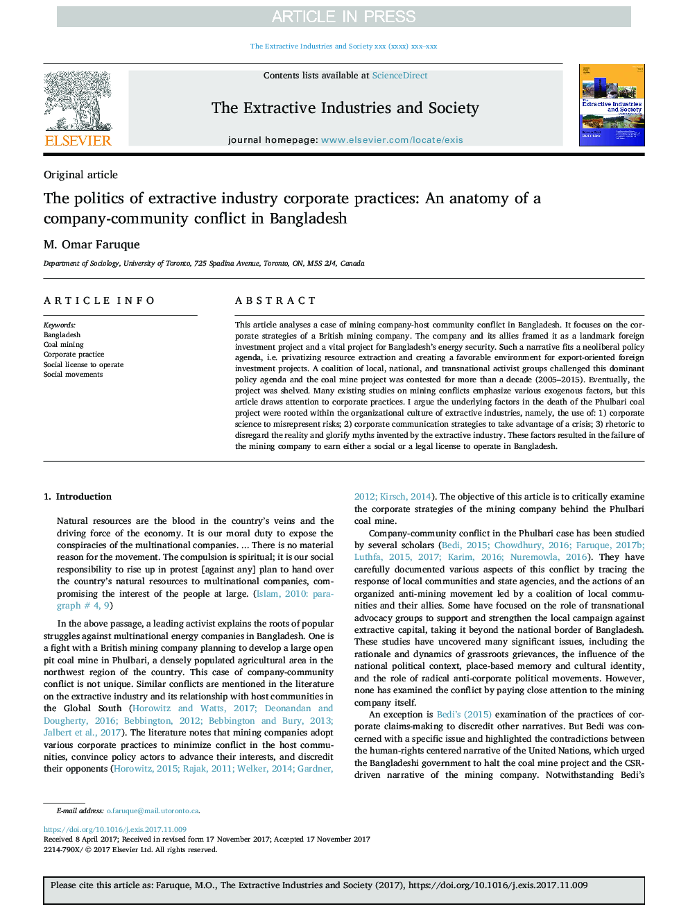 The politics of extractive industry corporate practices: An anatomy of a company-community conflict in Bangladesh