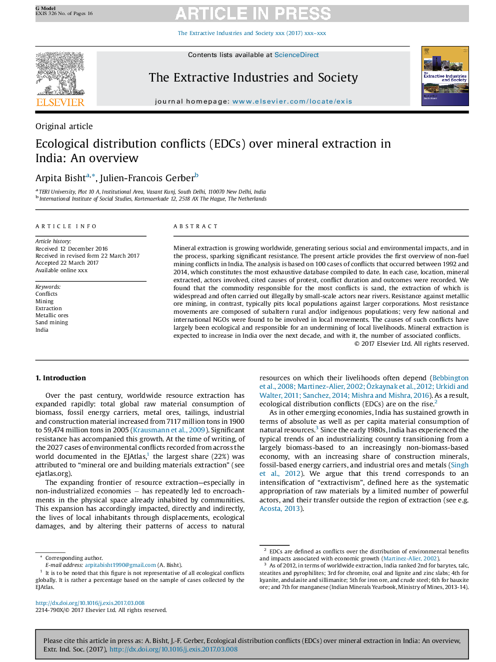 عکس صفحه اول مقاله: Ecological distribution conflicts (EDCs) over mineral extraction in India: An overview Ecological distribution conflicts (EDCs) over mineral extraction in India: An overview