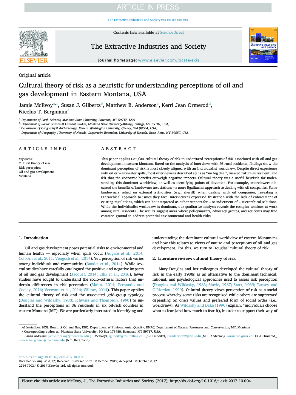 Cultural theory of risk as a heuristic for understanding perceptions of oil and gas development in Eastern Montana, USA