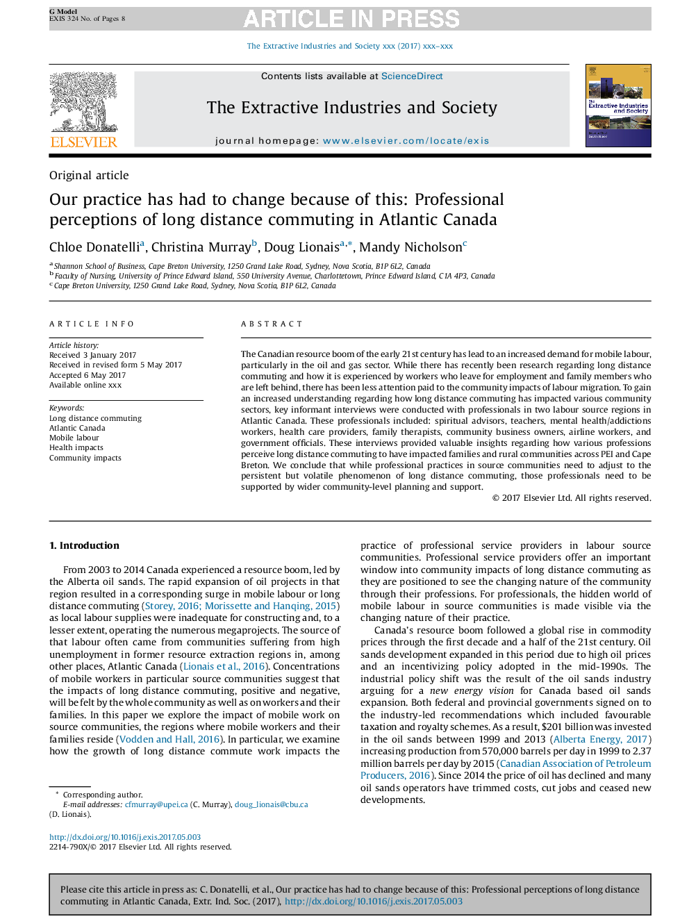 Our practice has had to change because of this: Professional perceptions of long distance commuting in Atlantic Canada