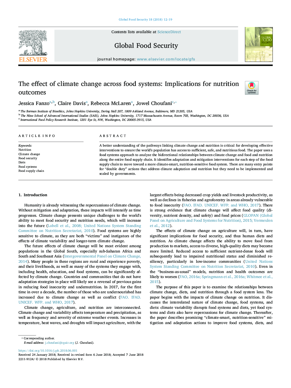 The effect of climate change across food systems: Implications for nutrition outcomes