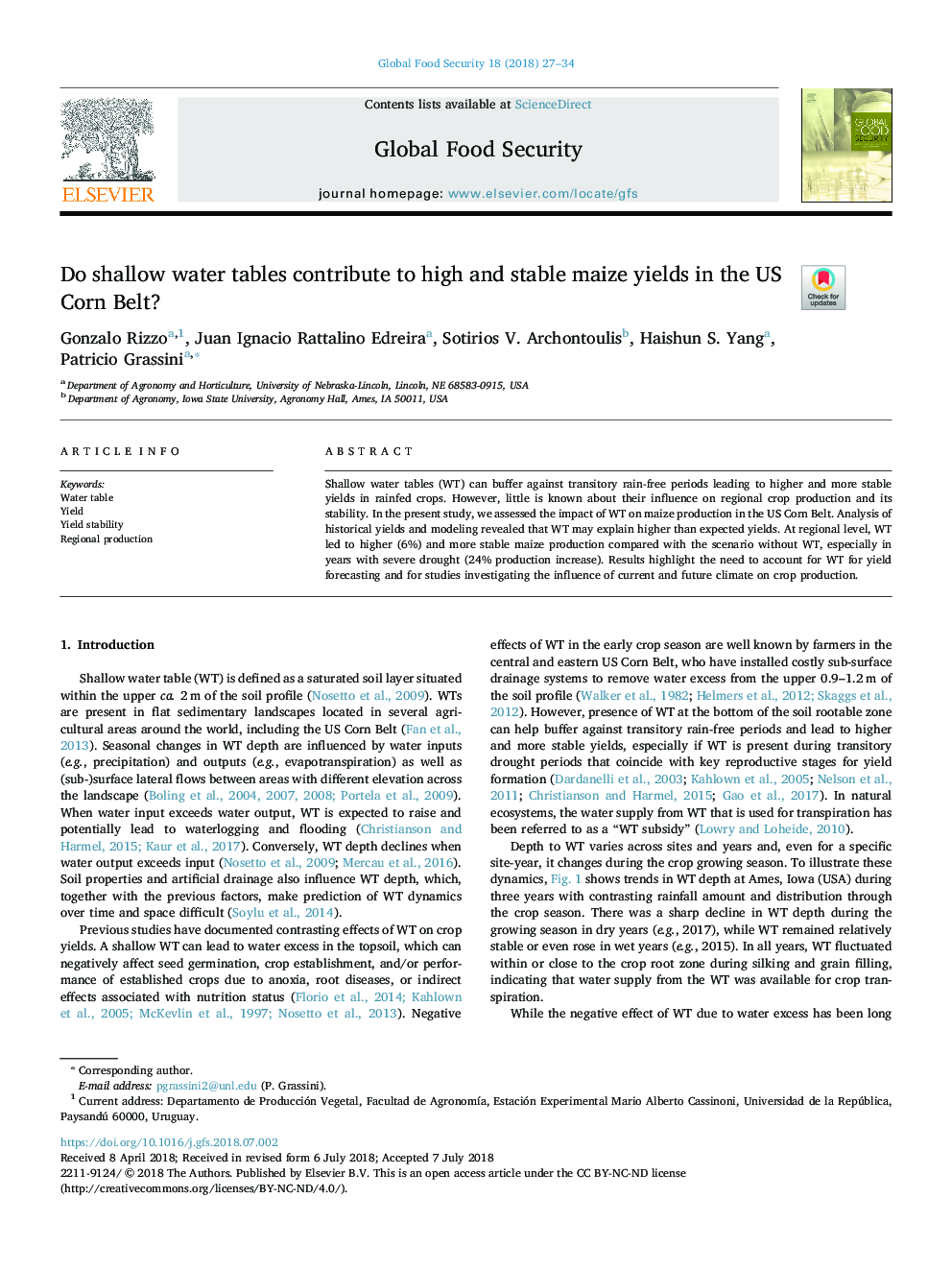 Do shallow water tables contribute to high and stable maize yields in the US Corn Belt?